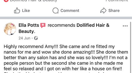 Customer testimonial for Dollified Hair & Beauty in England, England, GB, highlighting excellent service by Amy.