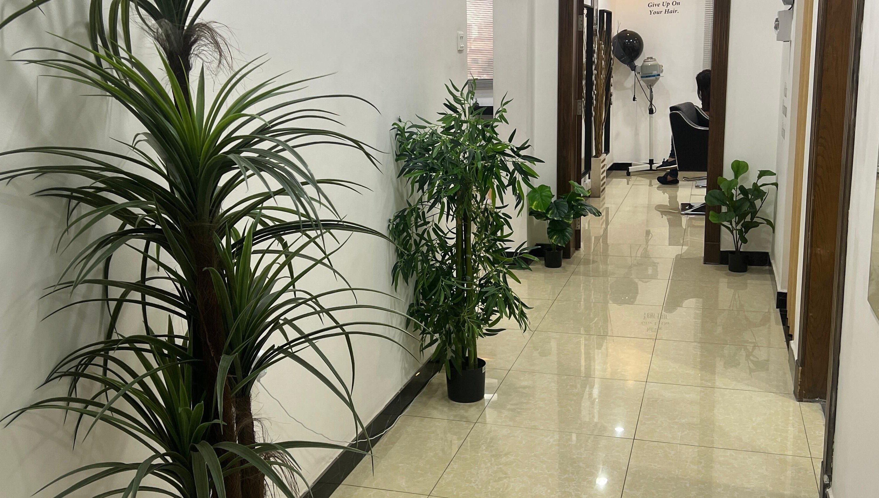 Tranquil hallway at Dame Salon & Spa, Muharraq Governorate, BH, adorned with lush green plants.