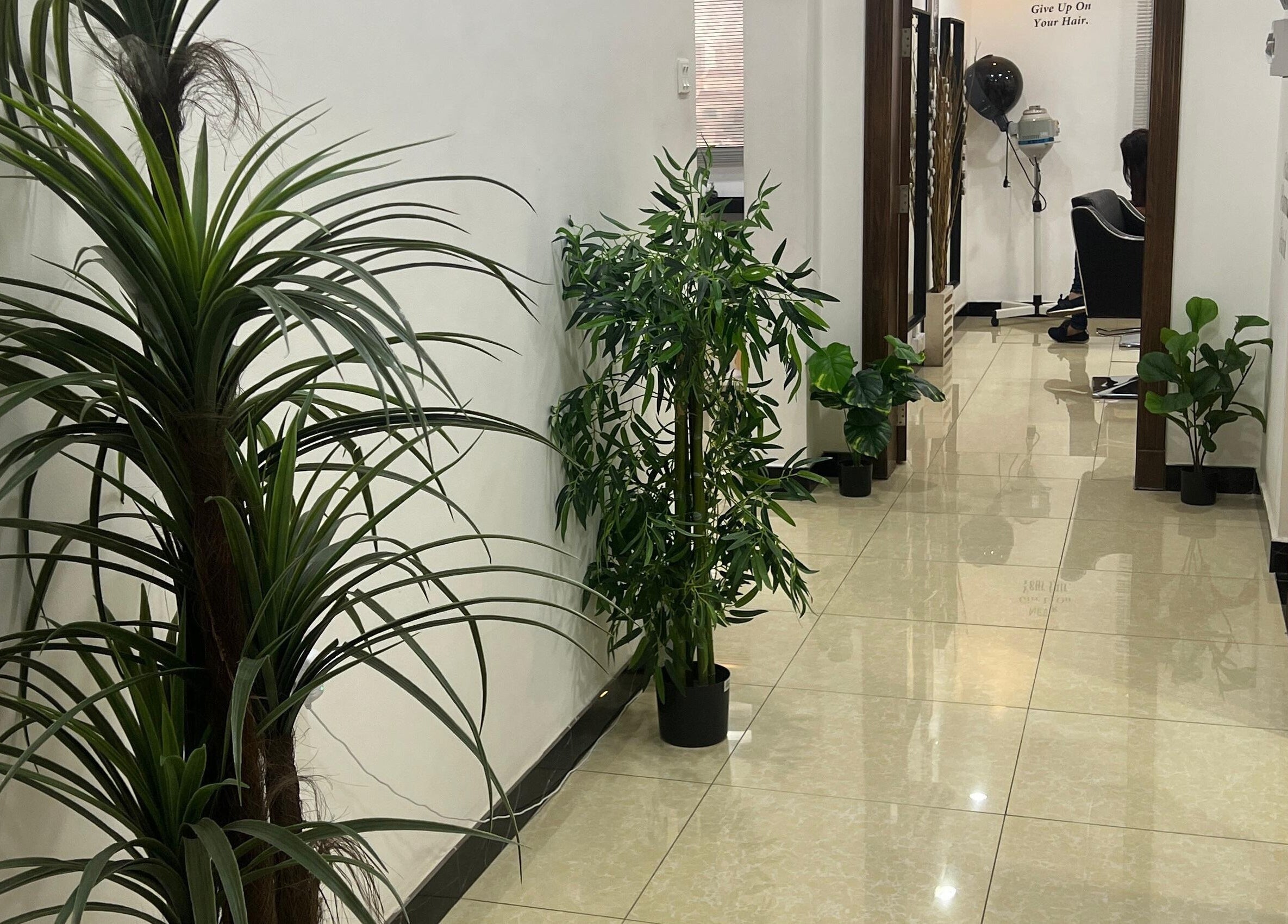 Tranquil hallway at Dame Salon & Spa, Muharraq Governorate, BH, adorned with lush green plants.