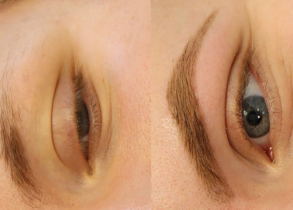 Before and after brow transformation at Ash Did That, Humble, Texas, US, showcasing expert eyebrow shaping.