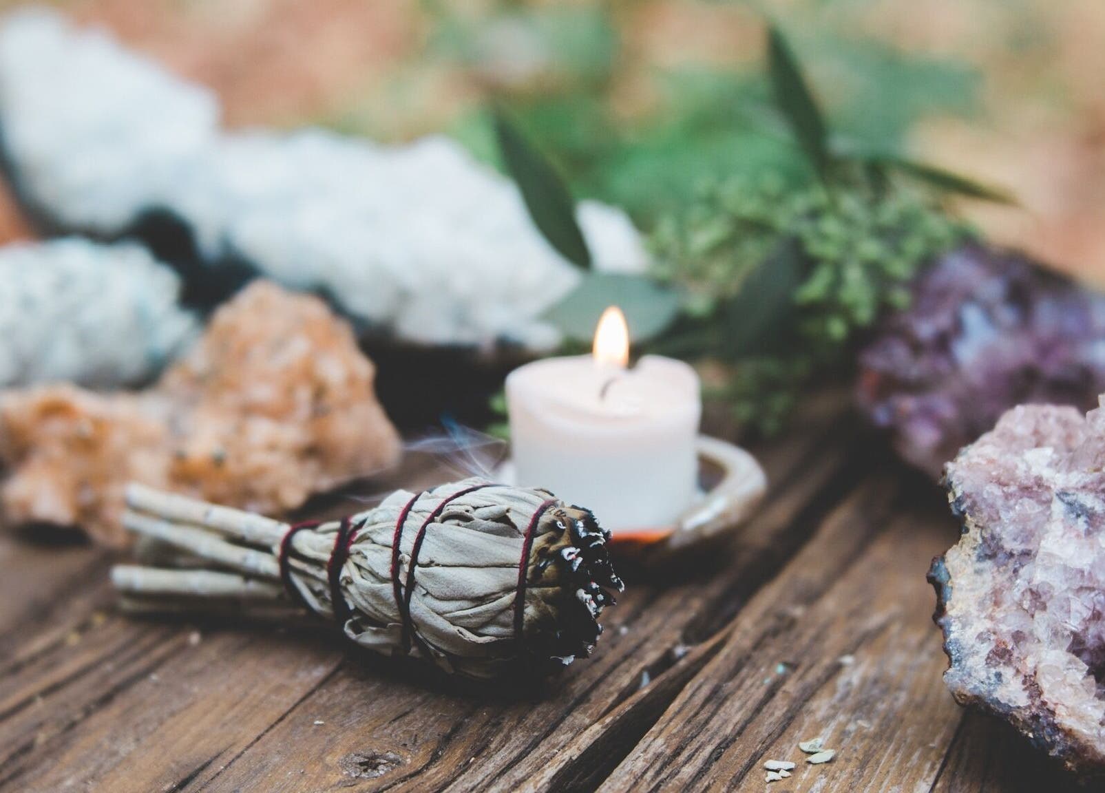 Candles and crystals at Sage Therapeutic Soul Spa, Tahoe City, California, US.