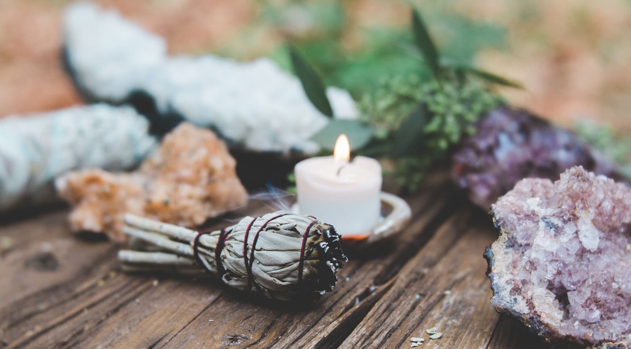 Candles and crystals at Sage Therapeutic Soul Spa, Tahoe City, California, US.