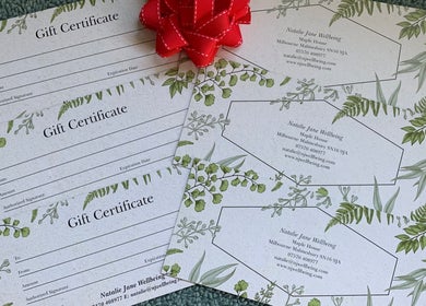 Gift certificates with botanical designs from Natalie Jane Wellbeing, Malmesbury, England, GB.