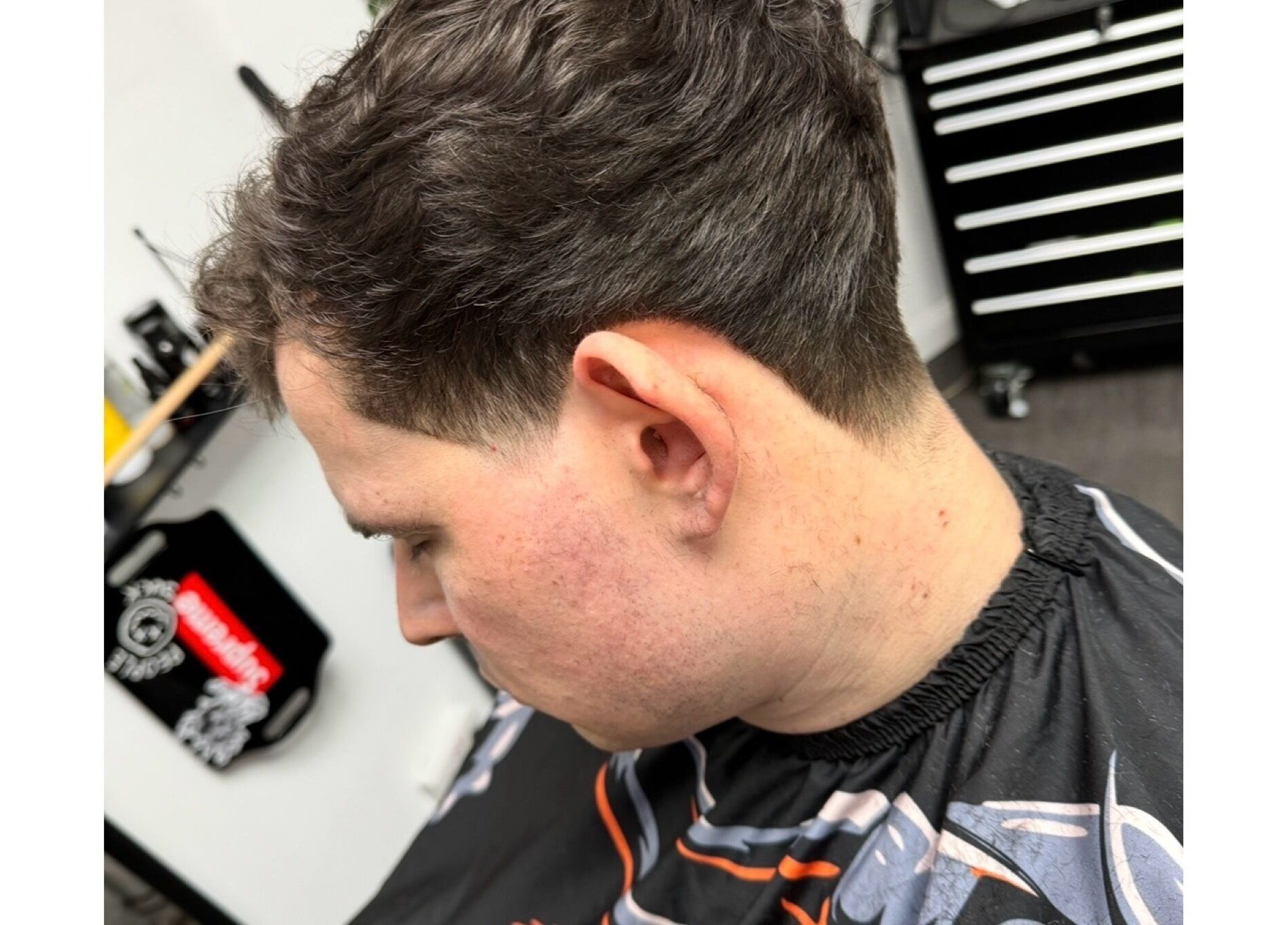 Close-up of a fresh haircut with a clean fade at Haychs Hair Barbershop, Horsham, England, GB.