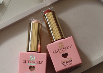 Glitterbels gel polishes on a tray at Nails By Georgie, Royal Tunbridge Wells, England, GB.