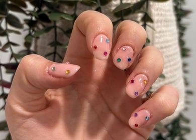 Rainbow gemstone nail art at Nails By Georgie at Sacred Empire, Royal Tunbridge Wells, England, GB.