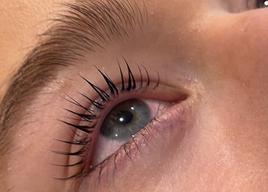 Close-up of enhanced eyelashes at The Beauty Stop, Edinburgh, Scotland, GB.