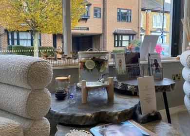 Relaxing lounge area at Haylands Beauty Clinic, Buckhurst Hill, England, GB, featuring cozy seating and infused water.
