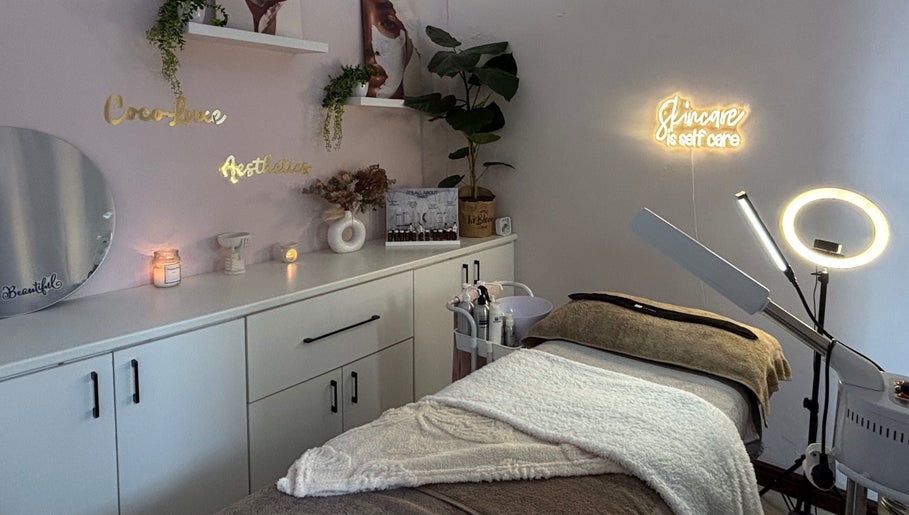 Cozy skincare room at Coco Luxe Skin Aesthetics, Cape Town, Western Cape, ZA with soft lighting and aesthetic decor.