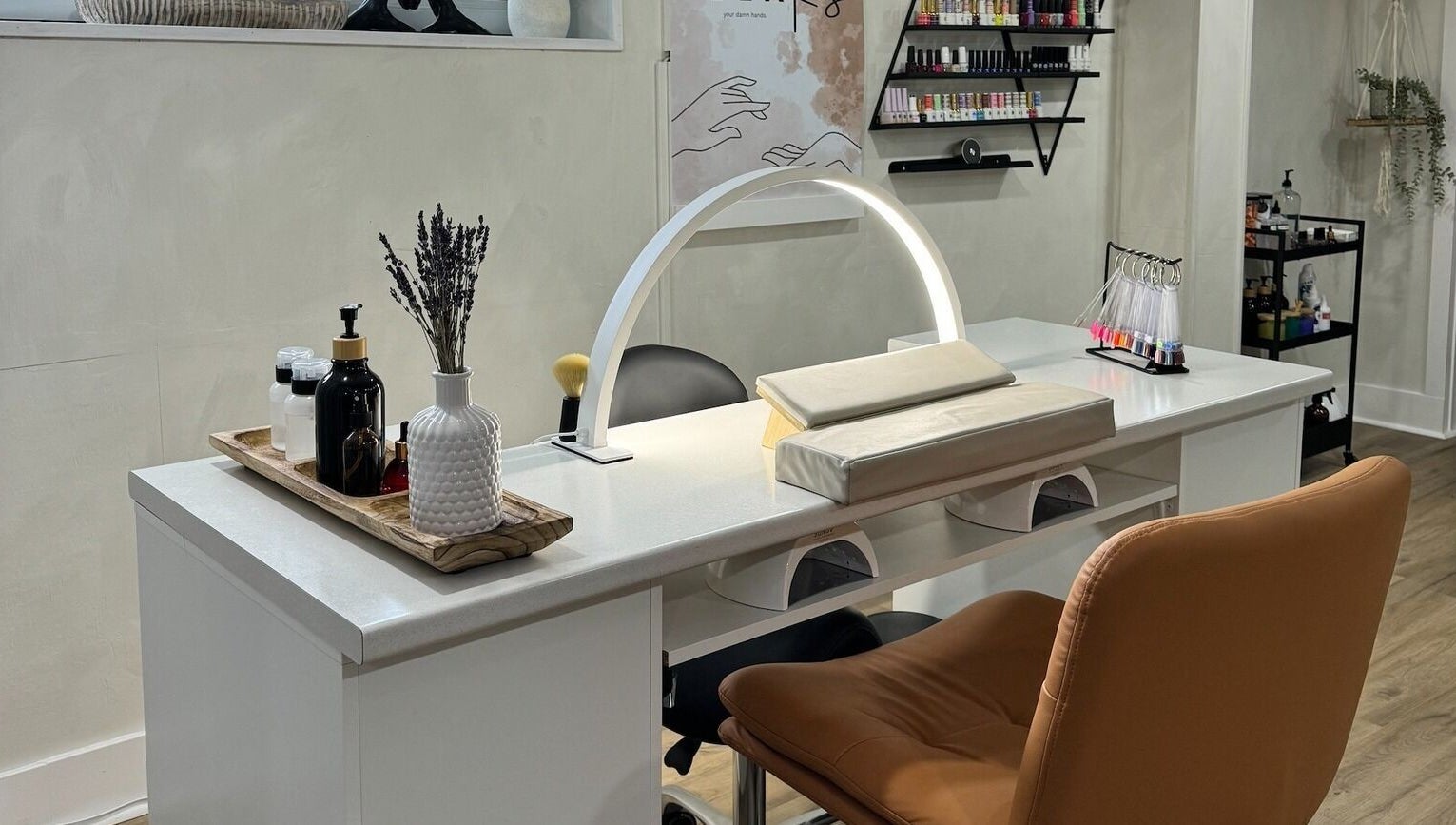 Manicure station at RelaKS Beauty & Headspa, Temiskaming Shores, Ontario, offers a chic and relaxing nail care experience.