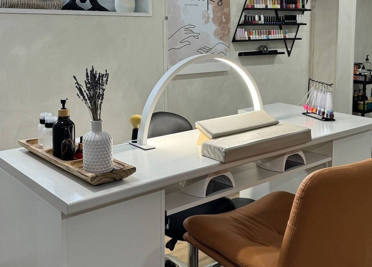Manicure station at RelaKS Beauty & Headspa, Temiskaming Shores, Ontario, offers a chic and relaxing nail care experience.