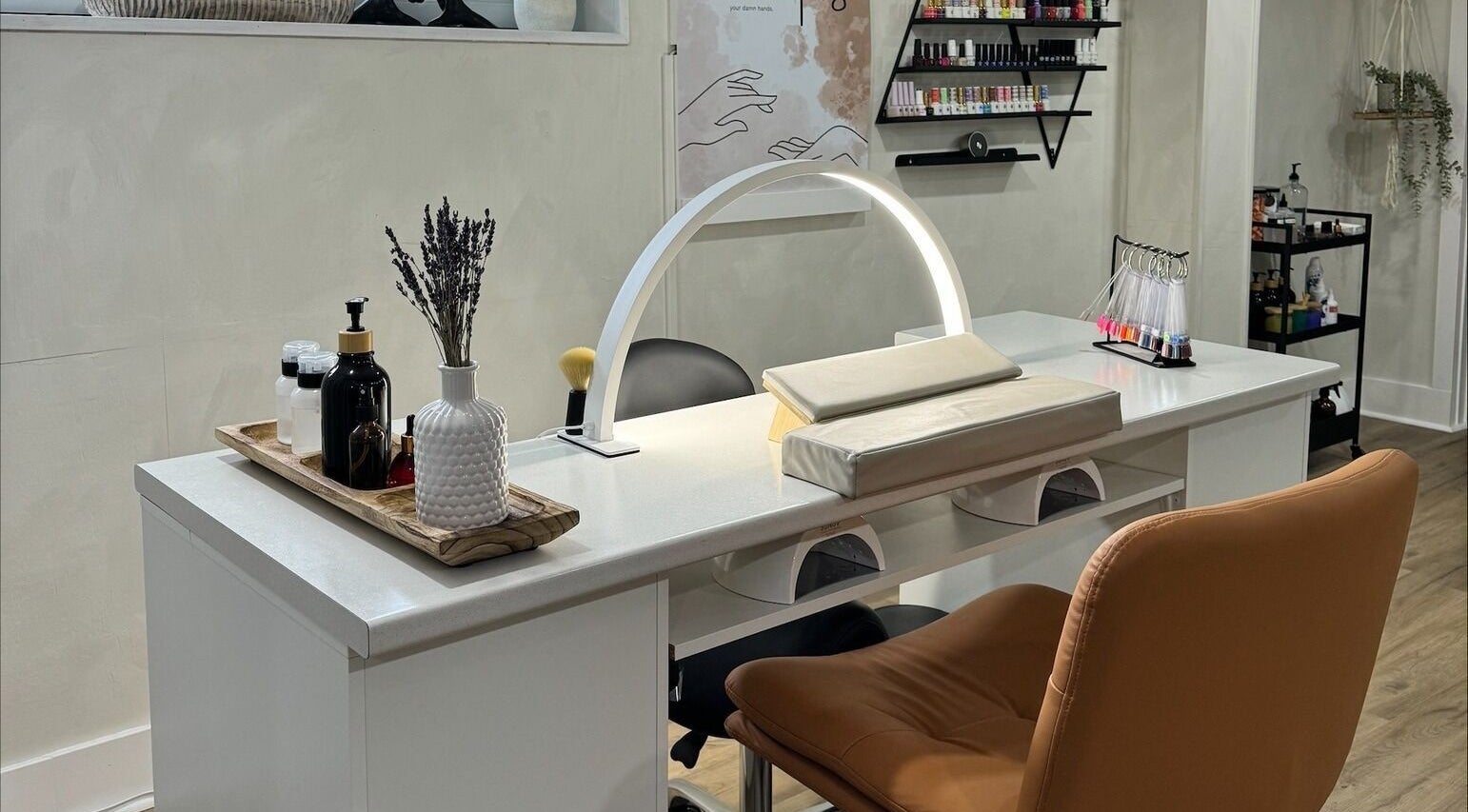 Manicure station at RelaKS Beauty & Headspa, Temiskaming Shores, Ontario, offers a chic and relaxing nail care experience.