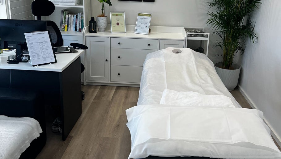Relaxing therapy room at MRL Massage & Myo Therapy, Melbourne, Victoria, AU, featuring a massage table.