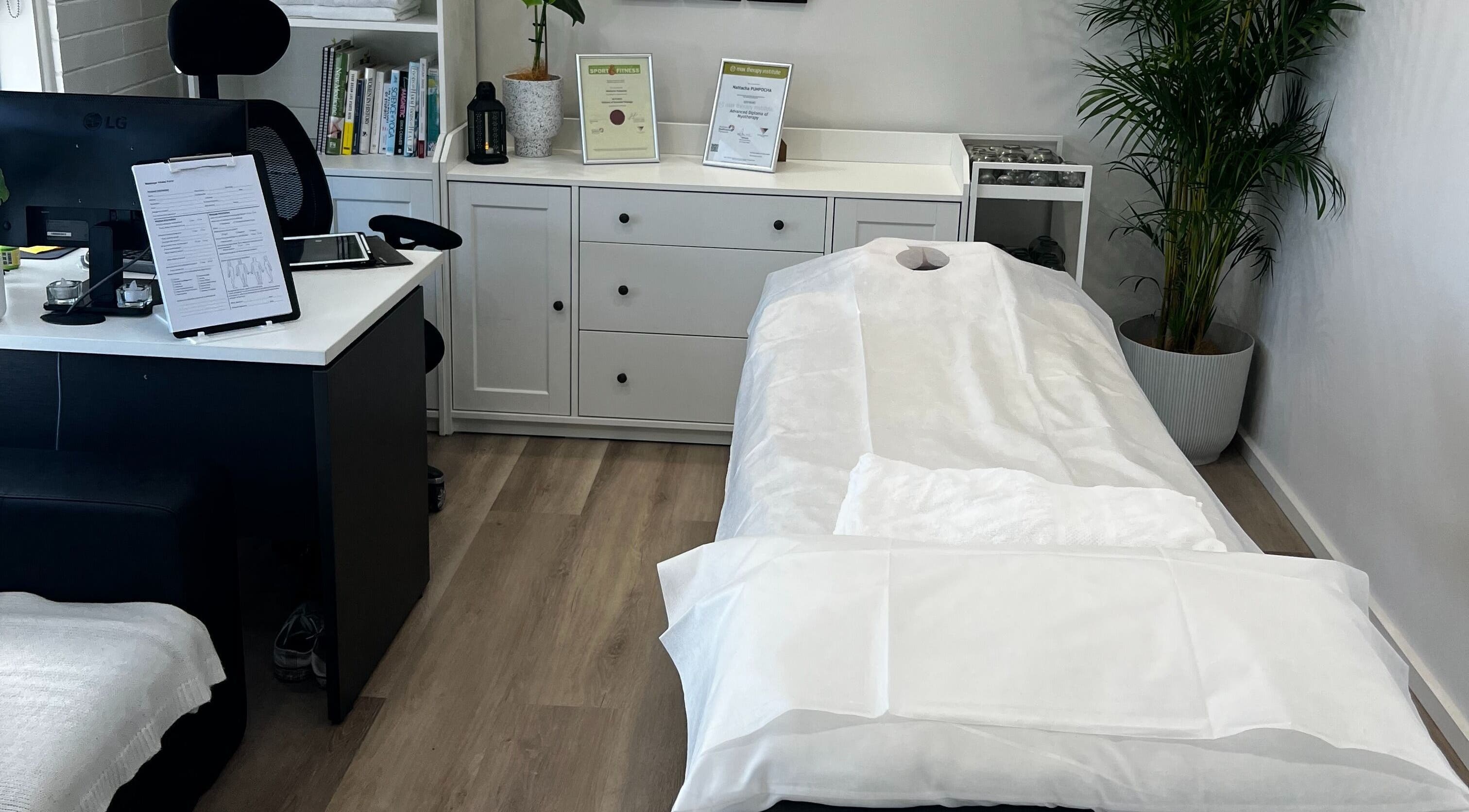 Relaxing therapy room at MRL Massage & Myo Therapy, Melbourne, Victoria, AU, featuring a massage table.
