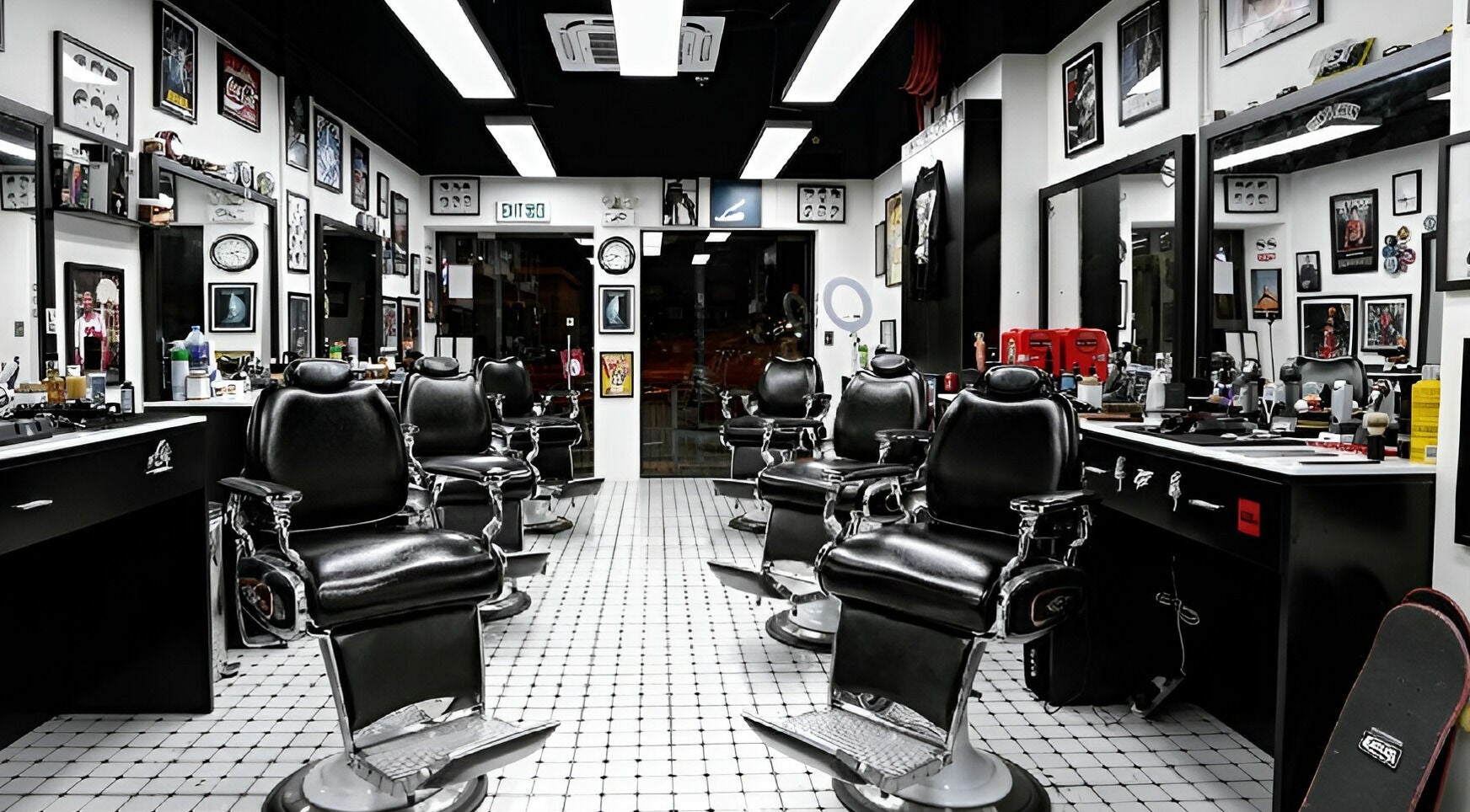 Interior of EAGLES BARBER SHOP in 九龍, 九龍, HK with stylish black barber chairs and modern decor.