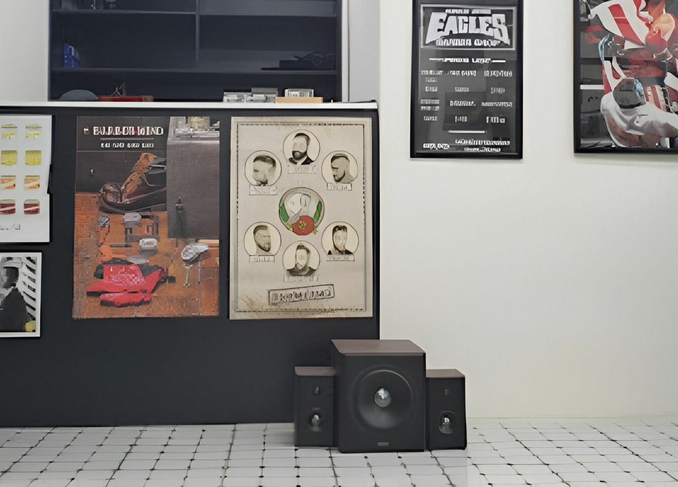 Interior wall with stylish posters at EAGLES BARBER SHOP, 九龍, 九龍, HK showcasing modern barber art.