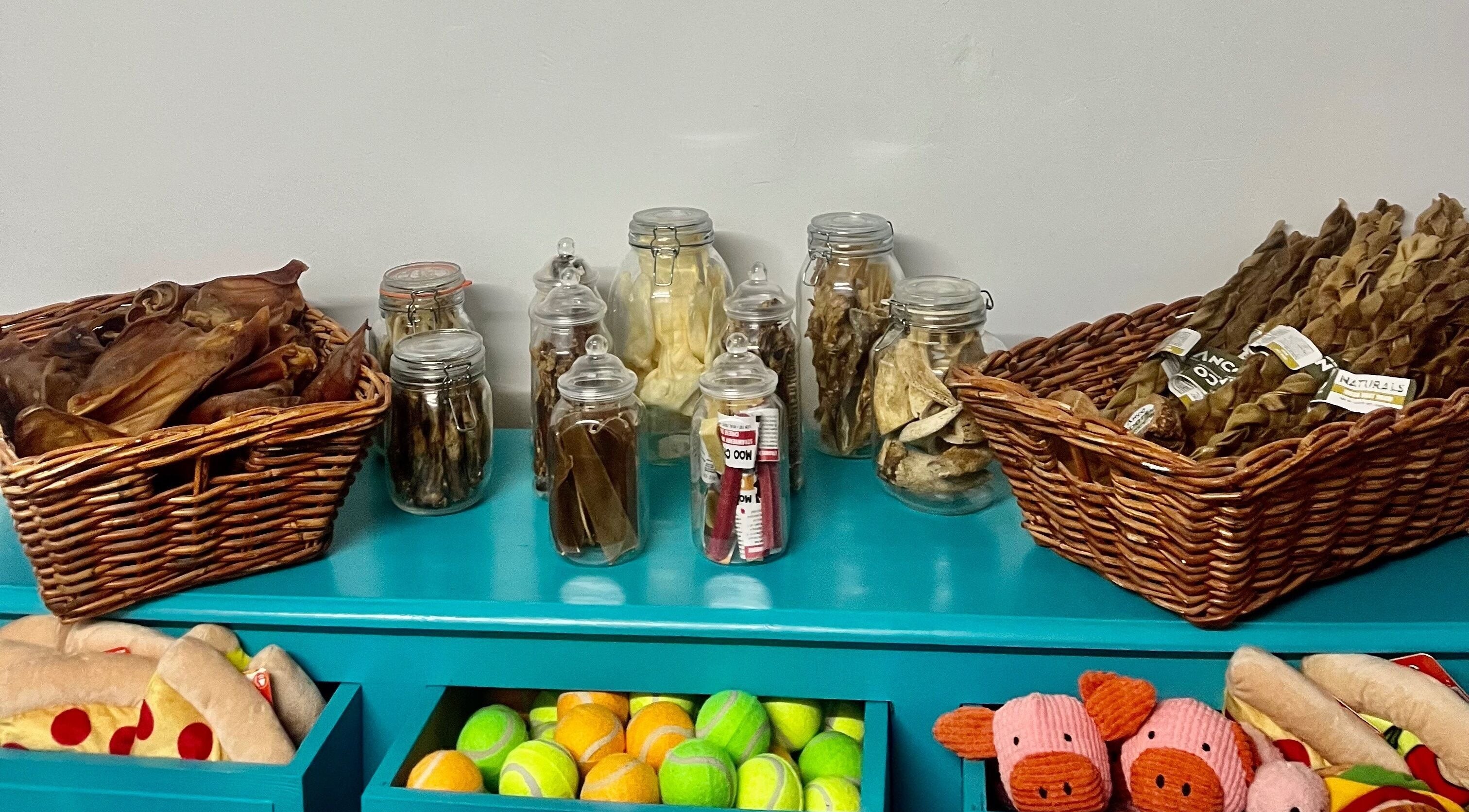 Dog treats and toys display at Pretty Pups Dog Spa, Gourock, Scotland, GB.