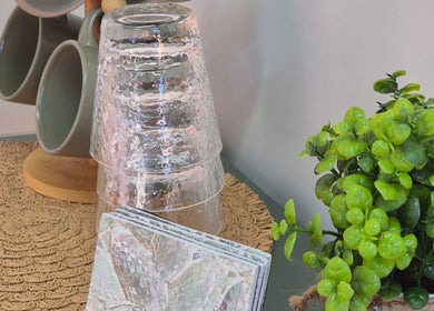 Glassware and plant on a woven mat at Radiant Blossom - Pretoria North, Pretoria, Gauteng, ZA.