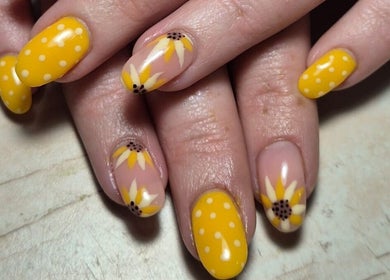Vibrant sunflower nail art at Radiant Blossom - Pretoria North, Pretoria, Gauteng, ZA.