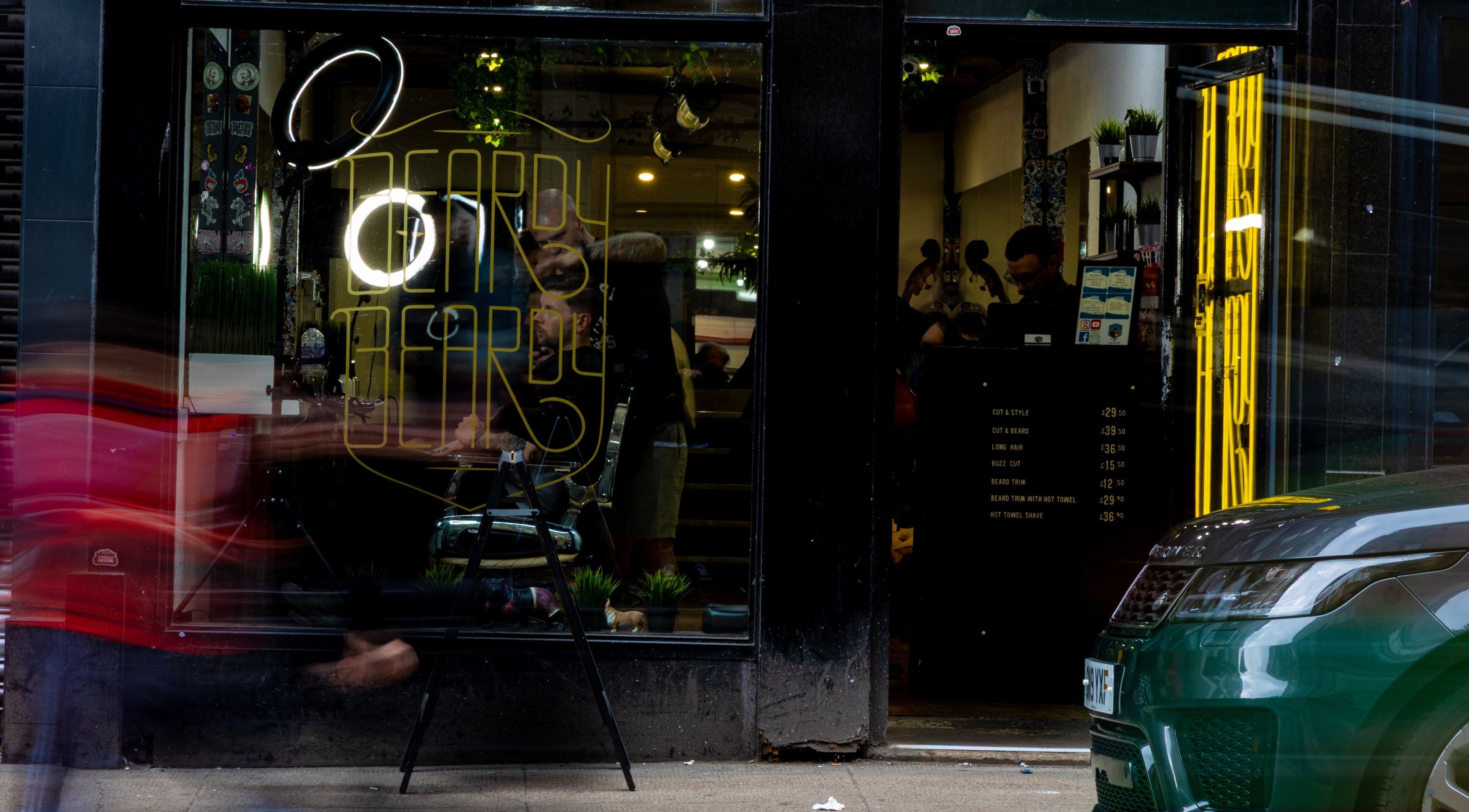 BeardyBeardyCityCentre barber shop entrance in Glasgow, Scotland, GB, showcasing its inviting modern ambience.