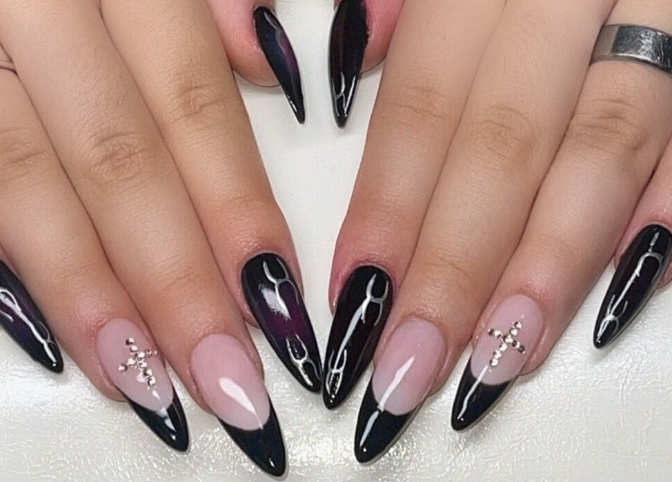 Intricate nail art at Glow & Beyond Beauty, Smithfield, New South Wales, AU, showcasing black and nude designs.
