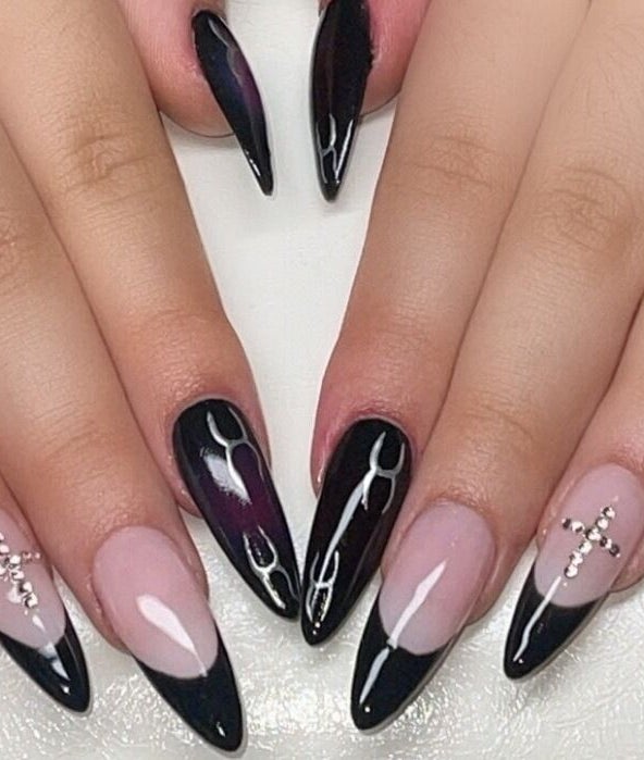 Intricate nail art at Glow & Beyond Beauty, Smithfield, New South Wales, AU, showcasing black and nude designs.