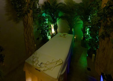 Relaxing massage room at Pious Therapy Center L.L.C, دبي, دبي, AE with ambient green lighting and lush plants.