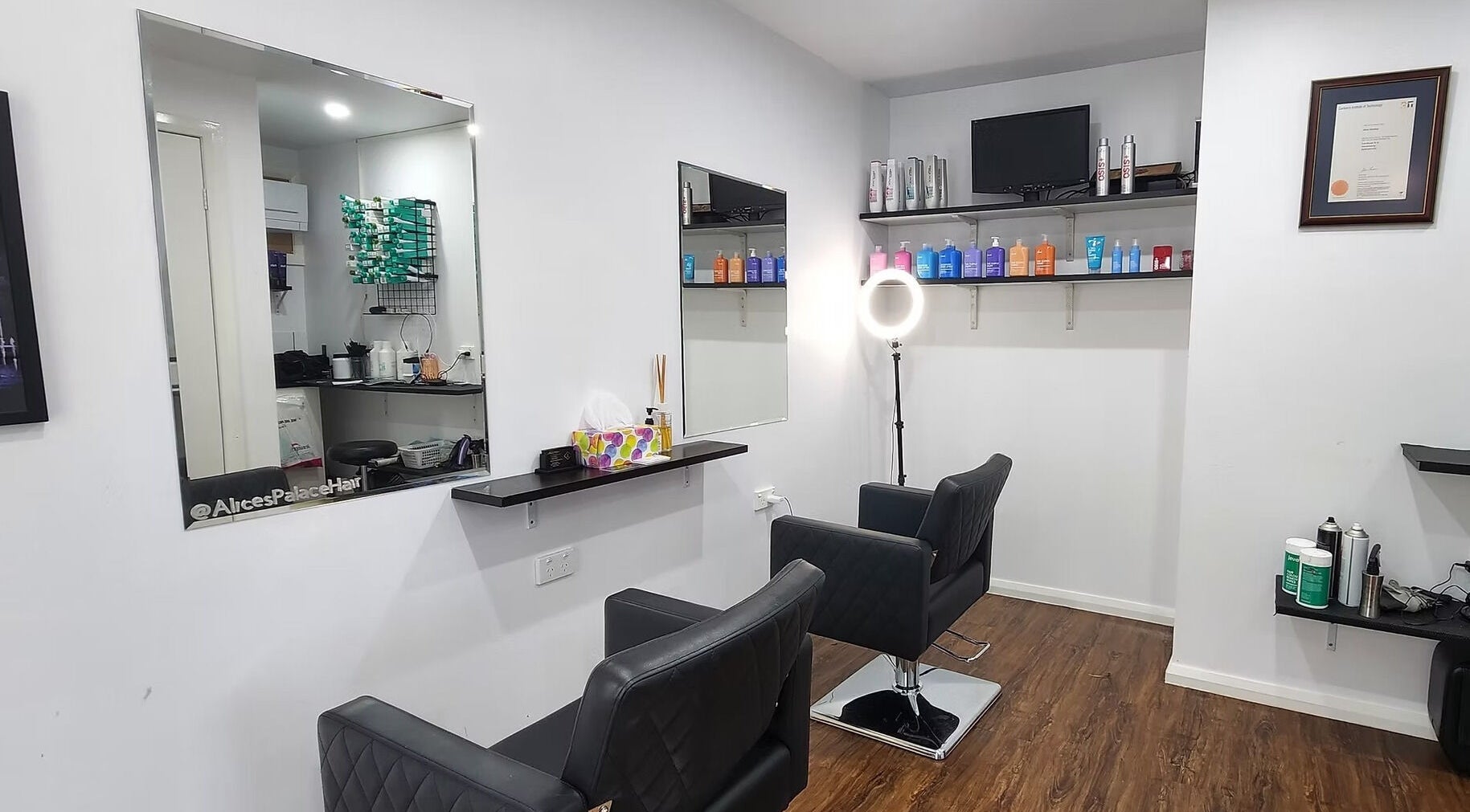 Modern salon chairs and mirrors at Alice's Palace in Kaleen, Australian Capital Territory, AU.