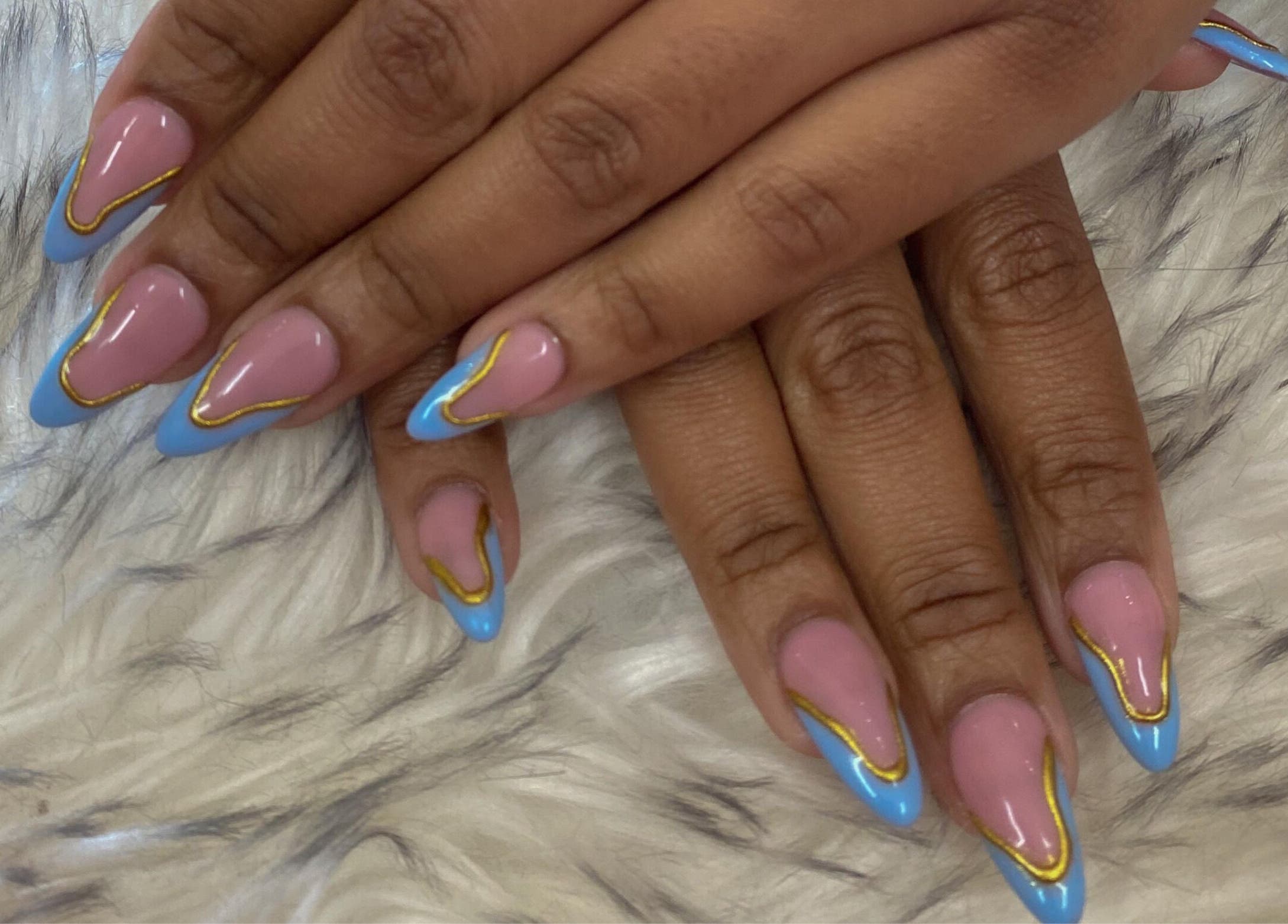 Nail art with pink and blue design at Glam Bar21, Howick, Kwazulu-natal, ZA.
