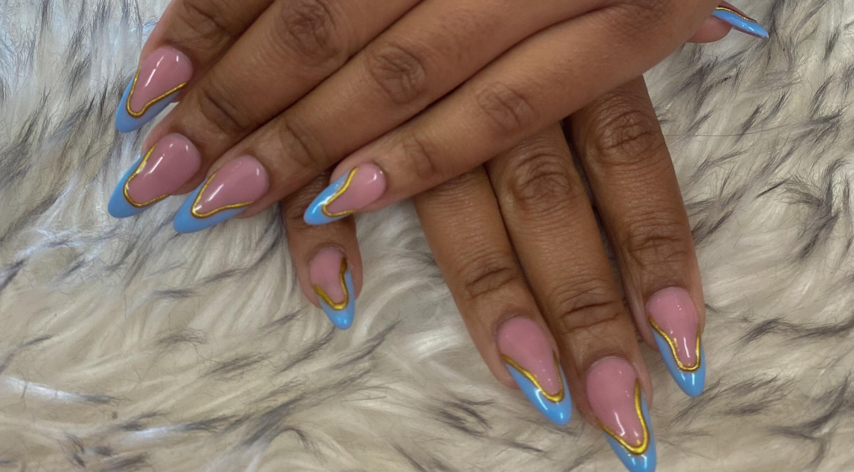 Nail art with pink and blue design at Glam Bar21, Howick, Kwazulu-natal, ZA.