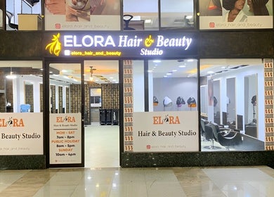 Front view of Elora Hair & Beauty Studio, Nairobi, featuring elegant salon interiors and signage.