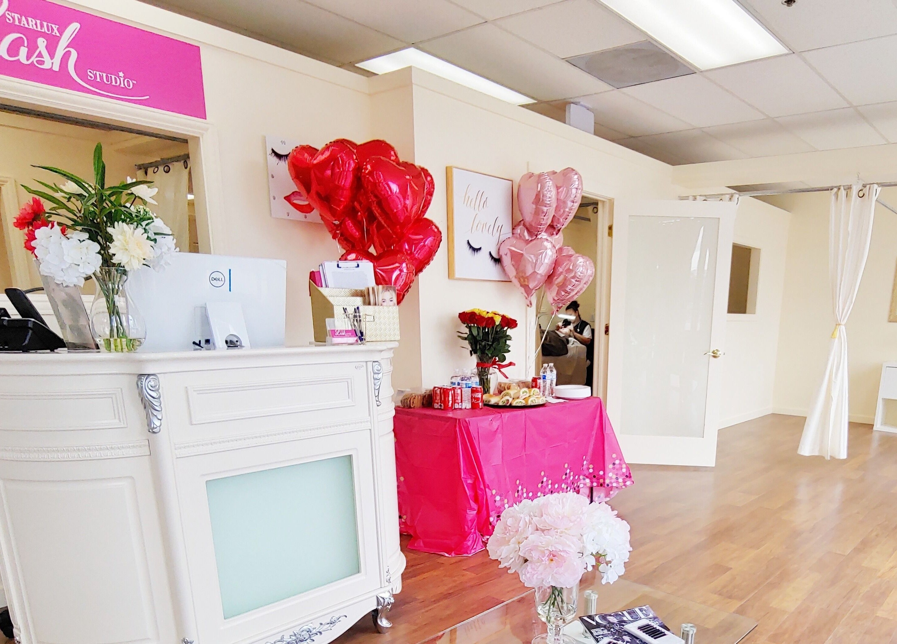 Bright reception at Star Lash Studio-West Jordan with pink decor, balloons in West Jordan, Utah, US.