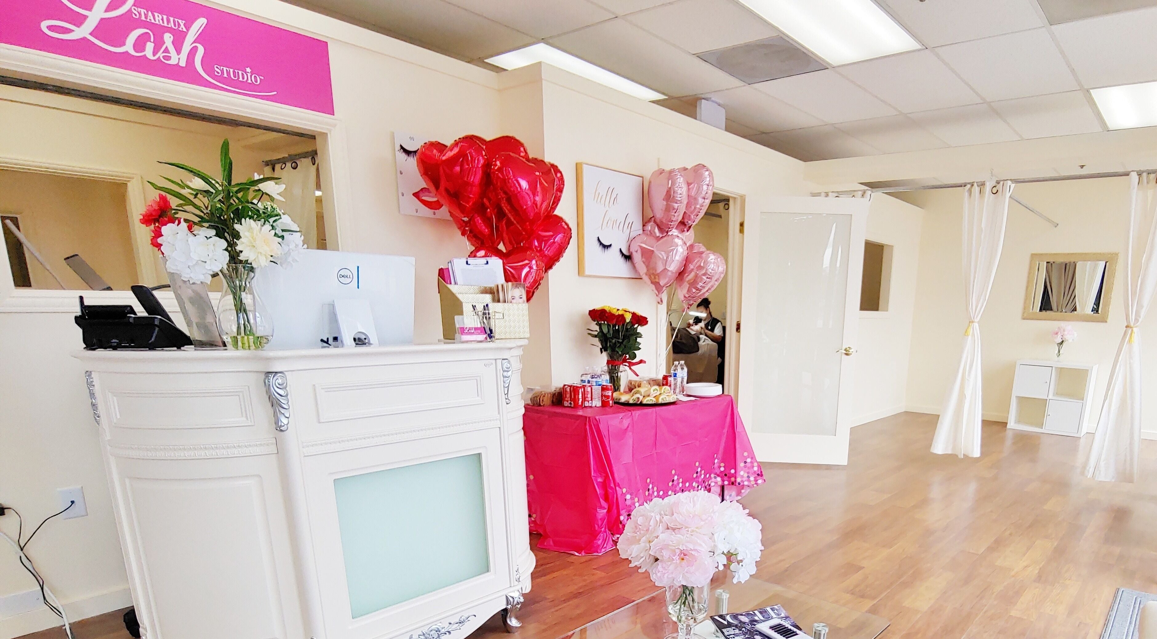 Bright reception at Star Lash Studio-West Jordan with pink decor, balloons in West Jordan, Utah, US.