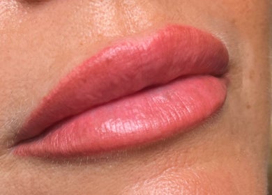 Close-up of hydrated lips after beauty treatment at Jayme’s Home Studio, Hornchurch, England, GB.