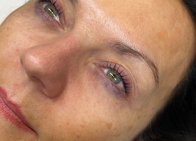 Close-up of a client's glowing skin after treatment at Jayme’s Home Studio, Hornchurch, England, GB.