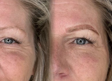Before and after eyebrow enhancement at Jayme’s Home Studio, Hornchurch, England, GB.
