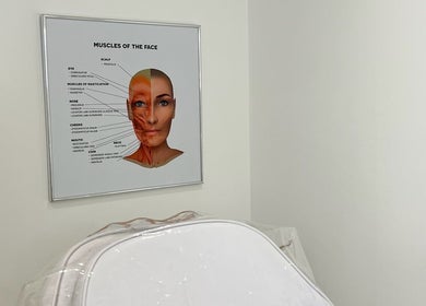Face anatomy poster in AESTHETICS. By Nurse Ryan clinic, Glasgow, Scotland, GB. Minimalist and informative decor.