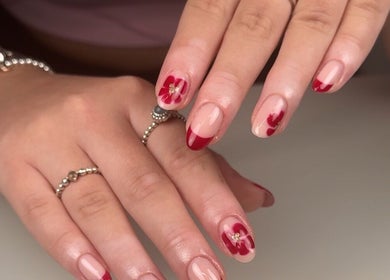 Red and nude nail art by Nails by Krisztina, Saint Helens, England, GB.
