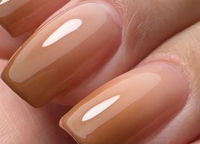 Close-up of elegant nude manicure at Nails by Krisztina, Saint Helens, England, GB.