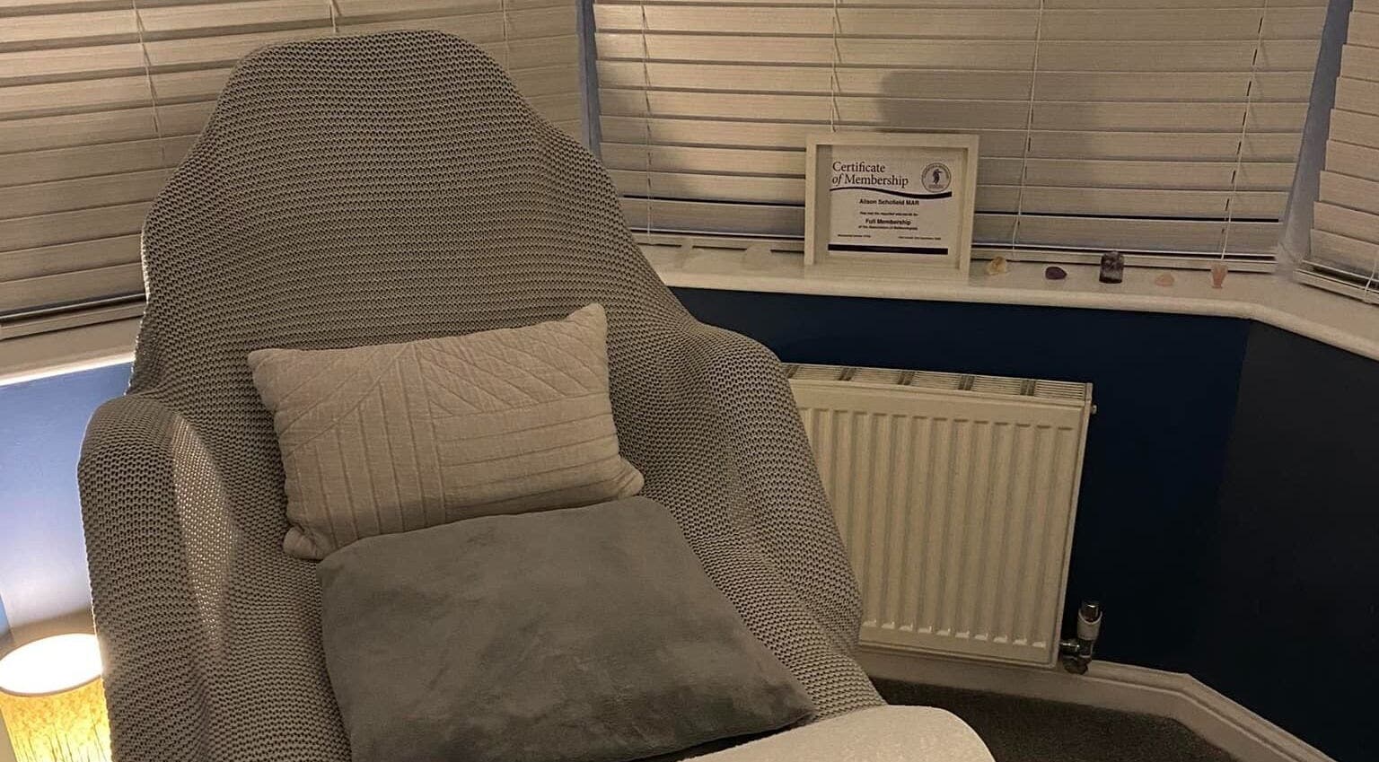 Cozy reflexology chair at Inner Balance Clinical Reflexology, Methley, England, GB.