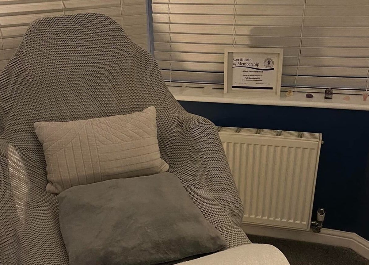 Relaxing chair in serene treatment room at Inner Balance Clinical Reflexology, Methley, England, GB.