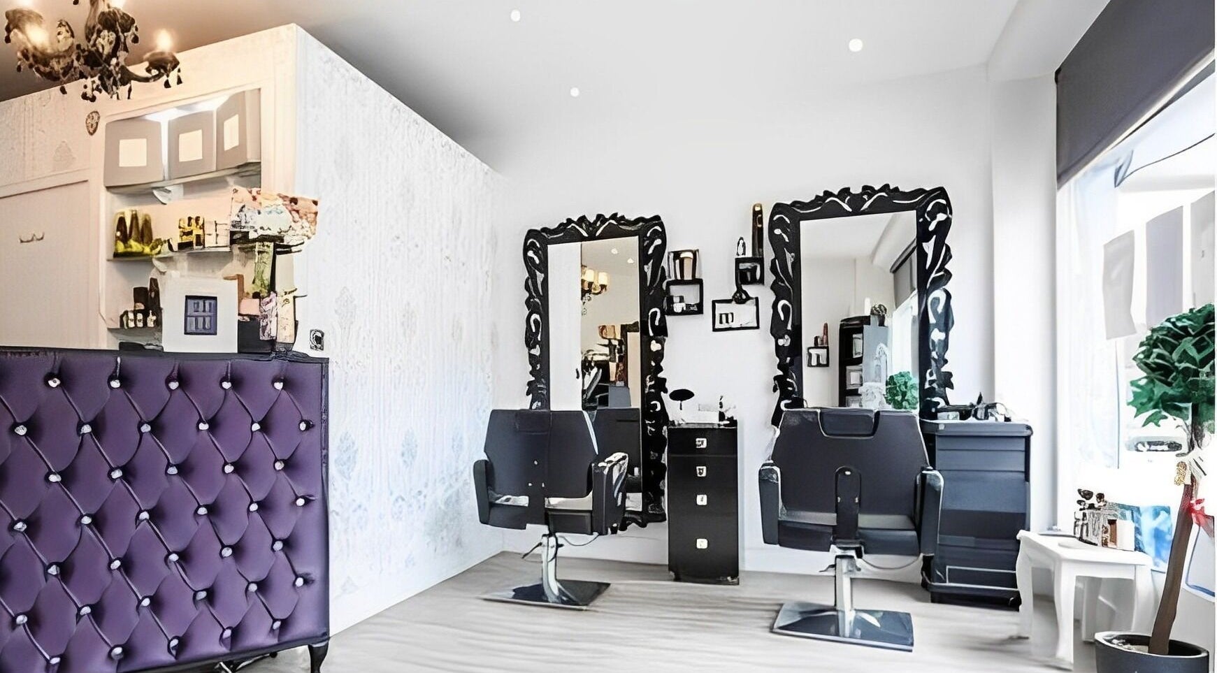 Elegant styling chairs and mirrors at Divas and Dudes Hair Boutique, Orpington, England, GB.