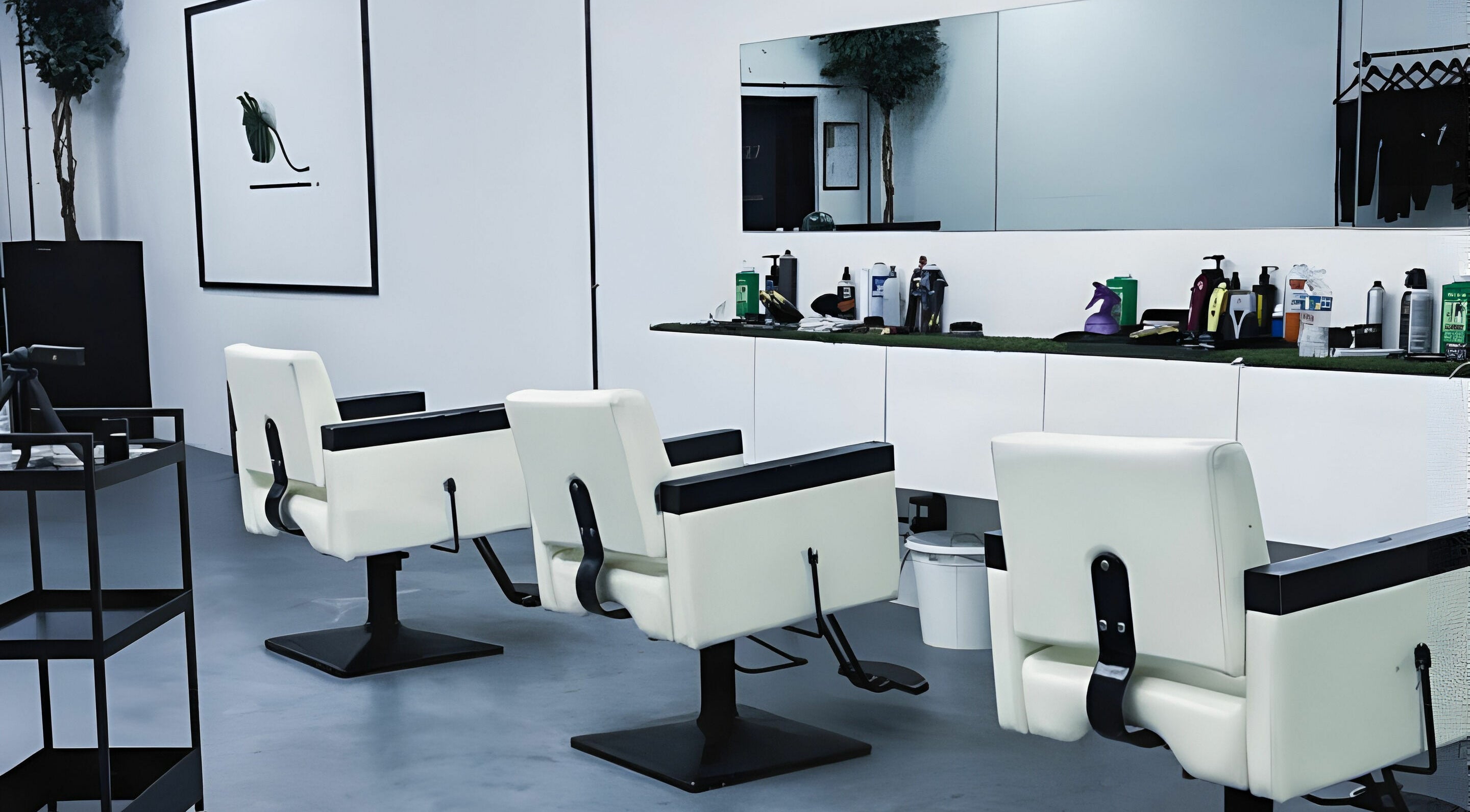 Modern barber chairs at Andama Barber Studio, Fort Lauderdale, Florida, US, offering a sleek, stylish interior.