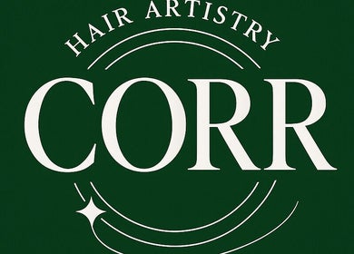 Logo of CORR Hair Artistry in Edgeworth, New South Wales, AU, featuring elegant typography on a green background.