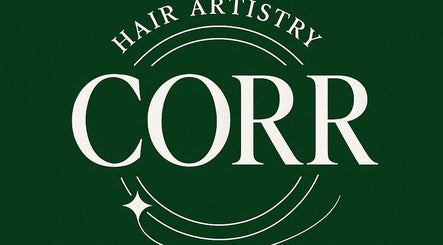 Logo of CORR Hair Artistry in Edgeworth, New South Wales, AU, featuring elegant typography on a green background.