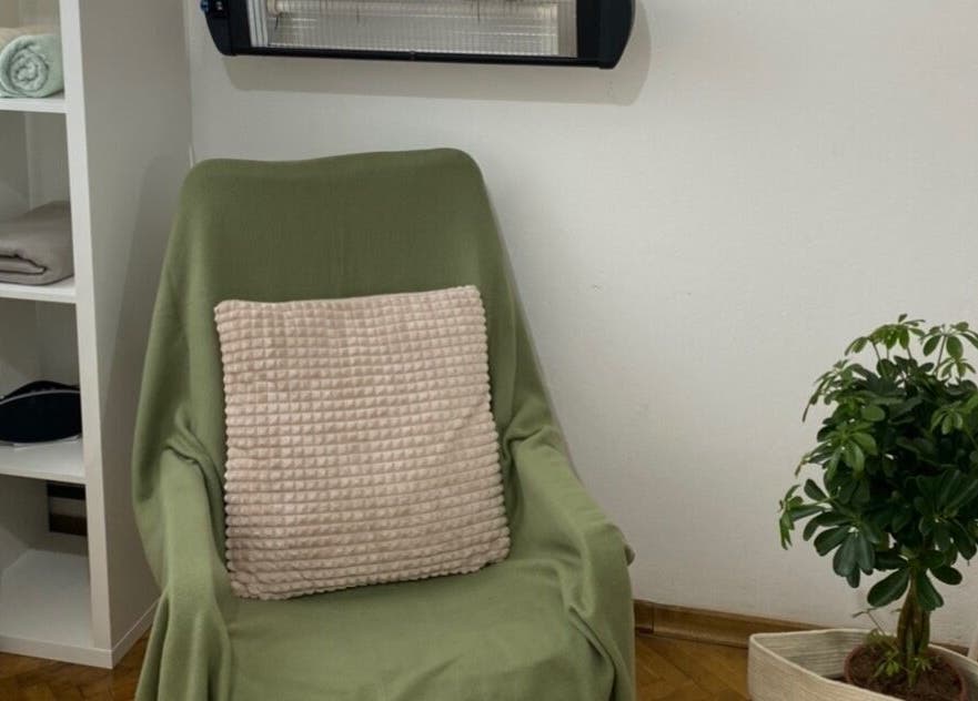 Ugodna zelena fotelja i biljka u Body Sculptor, Zagreb, Grad Zagreb, HR.