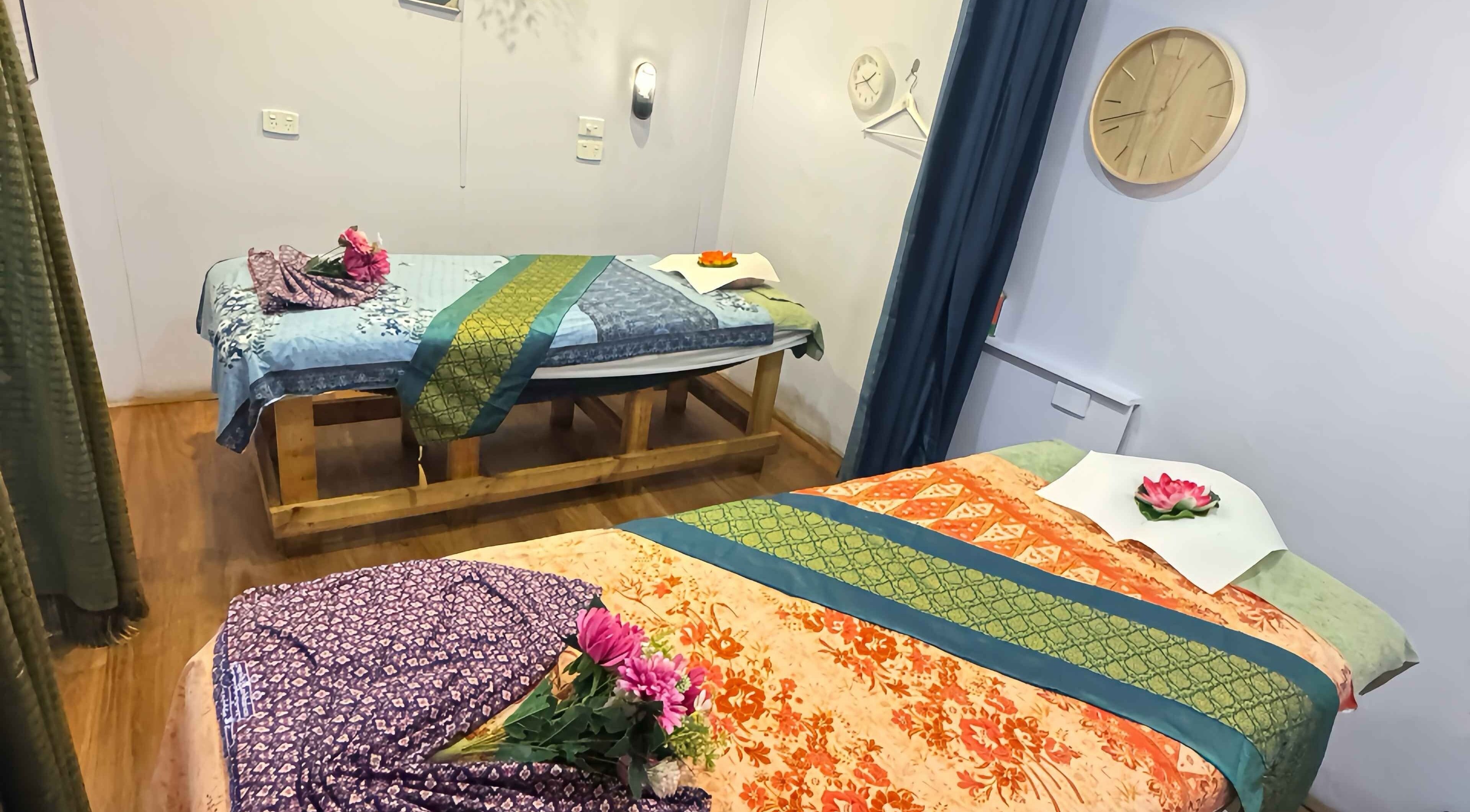 Cozy massage room at Rom Pho Thai Massage, Woodville Gardens, South Australia, AU with colorful decor.