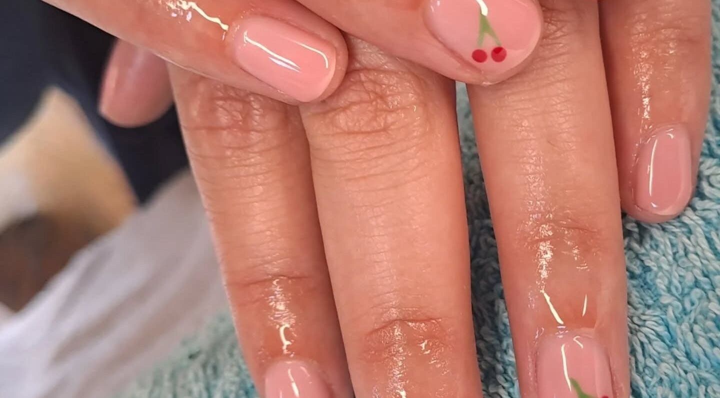 Elegant cherry-themed nail art at Nailed by Chels, Cape Town, Western Cape, ZA.