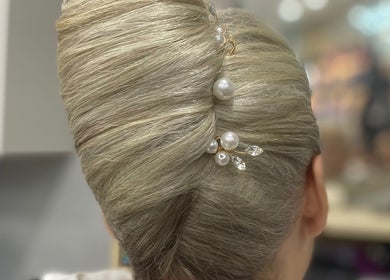 Intricate updo hairstyle with pearls at Malimou, Endeavour Hills, Victoria, AU.