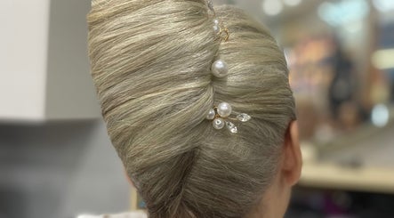 Intricate updo hairstyle with pearls at Malimou, Endeavour Hills, Victoria, AU.